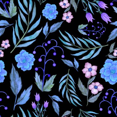 Çiçeklerle suluboya kusursuz desen. Klasik çiçek desenleri. Çiçeksiz desen. Botanik sanatı. Çiçek botanik koleksiyonu. Çiçek seti. Suluboya botanik tasarımı.