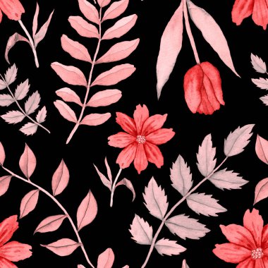 Çiçeklerle suluboya kusursuz desen. Klasik çiçek desenleri. Çiçeksiz desen. Botanik sanatı. Çiçek botanik koleksiyonu. Çiçek seti. Suluboya botanik tasarımı.