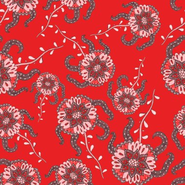 Suluboya desensiz, folky çiçekli ve yapraklı, etnik tarzda. Çiçek süsleme. Geleneksel şal deseni. Tekstil tasarım dokusu. Kabilesel etnik klasik dikişsiz model..