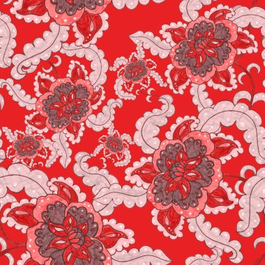 Suluboya desensiz, folky çiçekli ve yapraklı, etnik tarzda. Çiçek süsleme. Geleneksel şal deseni. Tekstil tasarım dokusu. Kabilesel etnik klasik dikişsiz model..