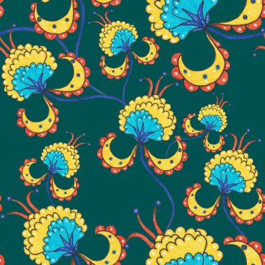 Suluboya desensiz, folky çiçekli ve yapraklı, etnik tarzda. Çiçek süsleme. Geleneksel şal deseni. Tekstil tasarım dokusu. Kabilesel etnik klasik dikişsiz model..