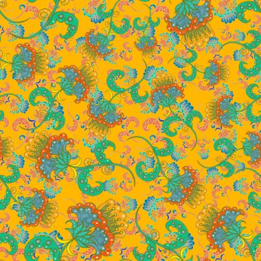 Suluboya desensiz, folky çiçekli ve yapraklı, etnik tarzda. Çiçek süsleme. Geleneksel şal deseni. Tekstil tasarım dokusu. Kabilesel etnik klasik dikişsiz model..