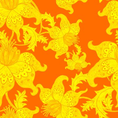 Suluboya desensiz, folky çiçekli ve yapraklı, etnik tarzda. Çiçek süsleme. Geleneksel şal deseni. Tekstil tasarım dokusu. Kabilesel etnik klasik dikişsiz model..