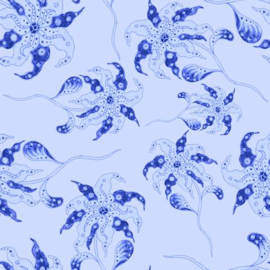 Suluboya desensiz, folky çiçekli ve yapraklı, etnik tarzda. Çiçek süsleme. Geleneksel şal deseni. Tekstil tasarım dokusu. Kabilesel etnik klasik dikişsiz model..