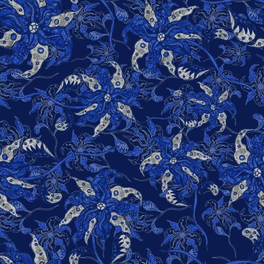 Suluboya desensiz, folky çiçekli ve yapraklı, etnik tarzda. Çiçek süsleme. Geleneksel şal deseni. Tekstil tasarım dokusu. Kabilesel etnik klasik dikişsiz model..