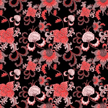 Suluboya desensiz, folky çiçekli ve yapraklı, etnik tarzda. Çiçek süsleme. Geleneksel şal deseni. Tekstil tasarım dokusu. Kabilesel etnik klasik dikişsiz model..