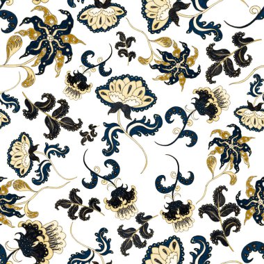 Suluboya desensiz, folky çiçekli ve yapraklı, etnik tarzda. Çiçek süsleme. Geleneksel şal deseni. Tekstil tasarım dokusu. Kabilesel etnik klasik dikişsiz model..