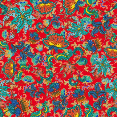 Suluboya desensiz, folky çiçekli ve yapraklı, etnik tarzda. Çiçek süsleme. Geleneksel şal deseni. Tekstil tasarım dokusu. Kabilesel etnik klasik dikişsiz model..