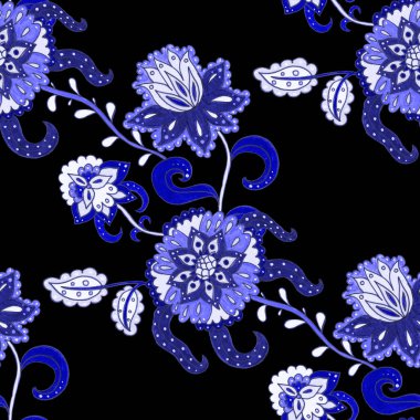 Suluboya desensiz, folky çiçekli ve yapraklı, etnik tarzda. Çiçek süsleme. Geleneksel şal deseni. Tekstil tasarım dokusu. Kabilesel etnik klasik dikişsiz model..