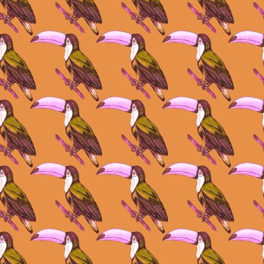 Tukanla dikişsiz suluboya desen. Tropik kuşlu ve yapraklı egzotik botanik orman duvar kağıdı. Parlak yaz şablonu geçmişi.