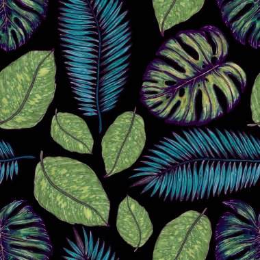 Tropikal yapraklarla suluboya kusursuz desen. Elle çizilmiş egzotik bitkilerle çok güzel bir iz. Mayo botanik tasarımı.