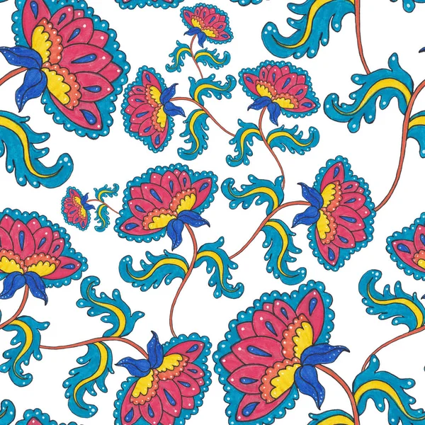 Suluboya desensiz, folky çiçekli ve yapraklı, etnik tarzda. Çiçek süsleme. Geleneksel şal deseni. Tekstil tasarım dokusu. Kabilesel etnik klasik dikişsiz model..