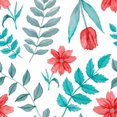 Çiçeklerle suluboya kusursuz desen. Klasik çiçek desenleri. Çiçeksiz desen. Botanik sanatı. Çiçek botanik koleksiyonu. Çiçek seti. Suluboya botanik tasarımı.