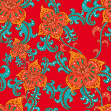 Suluboya desensiz, folky çiçekli ve yapraklı, etnik tarzda. Çiçek süsleme. Geleneksel şal deseni. Tekstil tasarım dokusu. Kabilesel etnik klasik dikişsiz model..