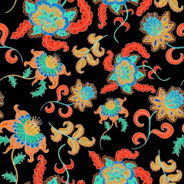 Suluboya desensiz, folky çiçekli ve yapraklı, etnik tarzda. Çiçek süsleme. Geleneksel şal deseni. Tekstil tasarım dokusu. Kabilesel etnik klasik dikişsiz model..