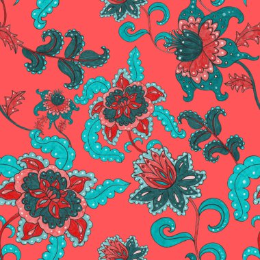 Suluboya desensiz, folky çiçekli ve yapraklı, etnik tarzda. Çiçek süsleme. Geleneksel şal deseni. Tekstil tasarım dokusu. Kabilesel etnik klasik dikişsiz model..