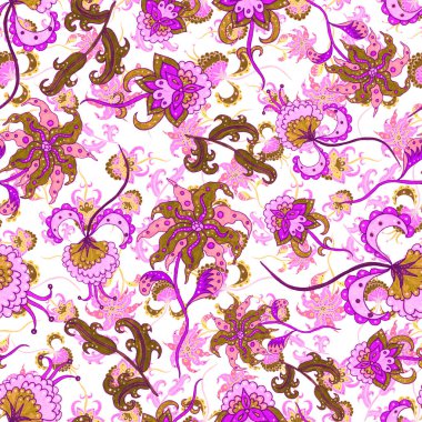 Suluboya desensiz, folky çiçekli ve yapraklı, etnik tarzda. Çiçek süsleme. Geleneksel şal deseni. Tekstil tasarım dokusu. Kabilesel etnik klasik dikişsiz model..