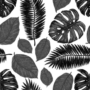 Tropikal yapraklarla suluboya kusursuz desen. Elle çizilmiş egzotik bitkilerle çok güzel bir iz. Mayo botanik tasarımı.