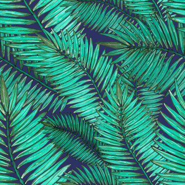 Tropikal yapraklarla suluboya kusursuz desen. Elle çizilmiş egzotik bitkilerle çok güzel bir iz. Mayo botanik tasarımı.