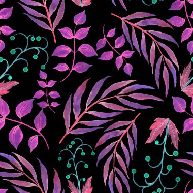 Vintage yapraklı suluboya desenli. Dekoratif tasarım için renkli yaprakları olan güzel bir botanik baskısı. Parlak bahar ya da yaz arkaplanı. Klasik düğün dekoru. Tekstil tasarımı.