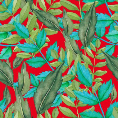 Vintage yapraklı suluboya desenli. Dekoratif tasarım için renkli yaprakları olan güzel bir botanik baskısı. Parlak bahar ya da yaz arkaplanı. Klasik düğün dekoru. Tekstil tasarımı.