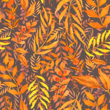 Vintage yapraklı suluboya desenli. Dekoratif tasarım için renkli yaprakları olan güzel bir botanik baskısı. Parlak bahar ya da yaz arkaplanı. Klasik düğün dekoru. Tekstil tasarımı.