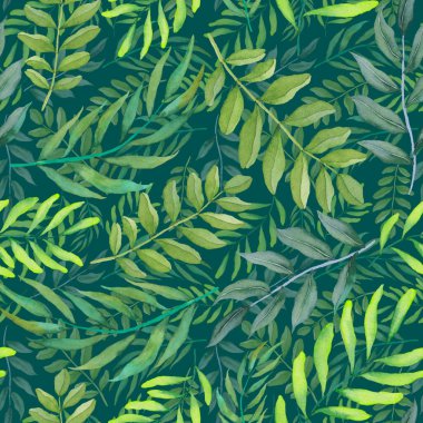 Vintage yapraklı suluboya desenli. Dekoratif tasarım için renkli yaprakları olan güzel bir botanik baskısı. Parlak bahar ya da yaz arkaplanı. Klasik düğün dekoru. Tekstil tasarımı.