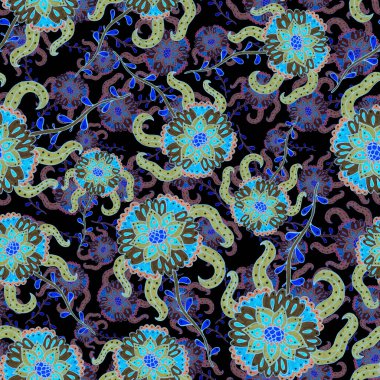 Suluboya desensiz, folky çiçekli ve yapraklı, etnik tarzda. Çiçek süsleme. Geleneksel şal deseni. Tekstil tasarım dokusu. Kabilesel etnik klasik dikişsiz model..