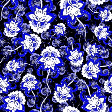 Suluboya desensiz, folky çiçekli ve yapraklı, etnik tarzda. Çiçek süsleme. Geleneksel şal deseni. Tekstil tasarım dokusu. Kabilesel etnik klasik dikişsiz model..