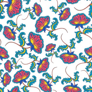 Suluboya desensiz, folky çiçekli ve yapraklı, etnik tarzda. Çiçek süsleme. Geleneksel şal deseni. Tekstil tasarım dokusu. Kabilesel etnik klasik dikişsiz model..