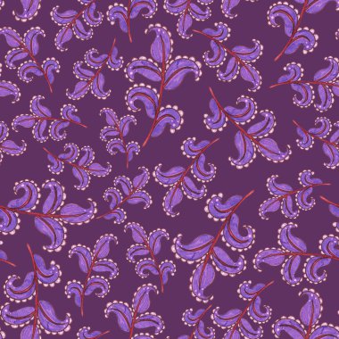 Suluboya desensiz, folky çiçekli ve yapraklı, etnik tarzda. Çiçek süsleme. Geleneksel şal deseni. Tekstil tasarım dokusu. Kabilesel etnik klasik dikişsiz model..