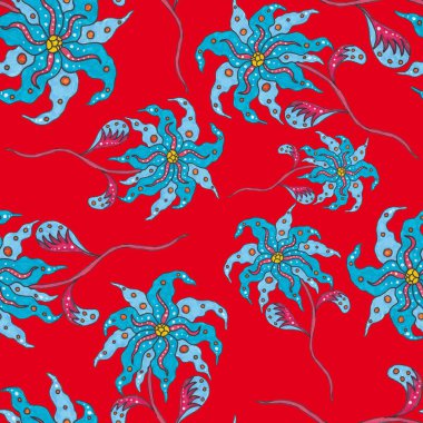 Suluboya desensiz, folky çiçekli ve yapraklı, etnik tarzda. Çiçek süsleme. Geleneksel şal deseni. Tekstil tasarım dokusu. Kabilesel etnik klasik dikişsiz model..