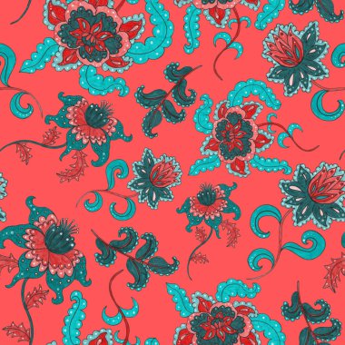 Suluboya desensiz, folky çiçekli ve yapraklı, etnik tarzda. Çiçek süsleme. Geleneksel şal deseni. Tekstil tasarım dokusu. Kabilesel etnik klasik dikişsiz model..