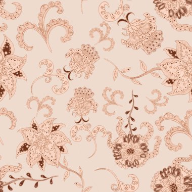 Suluboya desensiz, folky çiçekli ve yapraklı, etnik tarzda. Çiçek süsleme. Geleneksel şal deseni. Tekstil tasarım dokusu. Kabilesel etnik klasik dikişsiz model..