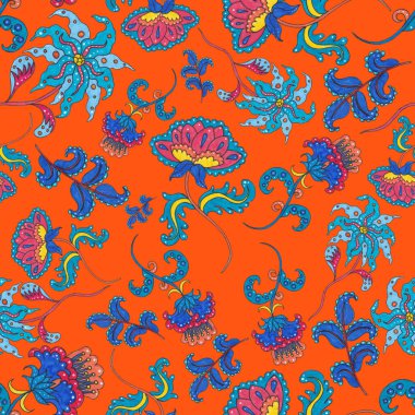 Suluboya desensiz, folky çiçekli ve yapraklı, etnik tarzda. Çiçek süsleme. Geleneksel şal deseni. Tekstil tasarım dokusu. Kabilesel etnik klasik dikişsiz model..