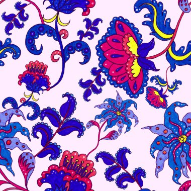 Suluboya desensiz, folky çiçekli ve yapraklı, etnik tarzda. Çiçek süsleme. Geleneksel şal deseni. Tekstil tasarım dokusu. Kabilesel etnik klasik dikişsiz model..