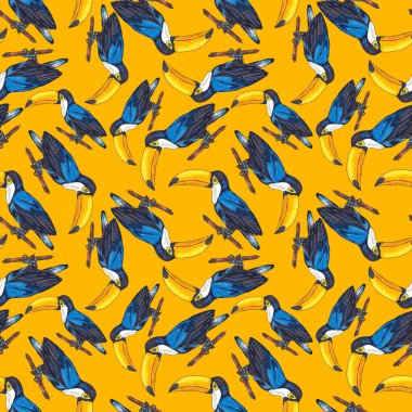 Tukanla dikişsiz suluboya desen. Tropik kuşlu ve yapraklı egzotik botanik orman duvar kağıdı. Parlak yaz şablonu geçmişi.