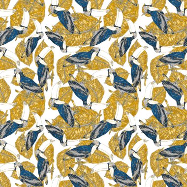 Tukanla dikişsiz suluboya desen. Tropik kuşlu ve yapraklı egzotik botanik orman duvar kağıdı. Parlak yaz şablonu geçmişi.