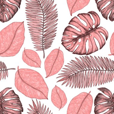 Tropikal yapraklarla suluboya kusursuz desen. Elle çizilmiş egzotik bitkilerle çok güzel bir iz. Mayo botanik tasarımı.