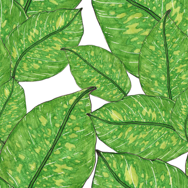 Watercolor seamless pattern with tropical leaves. Beautiful allover print with hand drawn exotic plants. Swimwear botanical design.