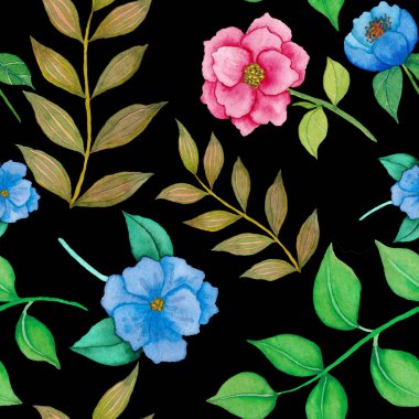 Çiçeklerle suluboya kusursuz desen. Klasik çiçek desenleri. Çiçeksiz desen. Botanik sanatı. Çiçek botanik koleksiyonu. Çiçek seti. Suluboya botanik tasarımı.