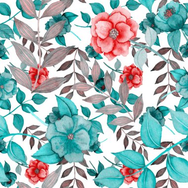 Çiçeklerle suluboya kusursuz desen. Klasik çiçek desenleri. Çiçeksiz desen. Botanik sanatı. Çiçek botanik koleksiyonu. Çiçek seti. Suluboya botanik tasarımı.