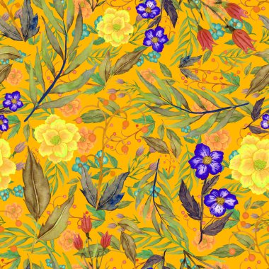 Çiçeklerle suluboya kusursuz desen. Klasik çiçek desenleri. Çiçeksiz desen. Botanik sanatı. Çiçek botanik koleksiyonu. Çiçek seti. Suluboya botanik tasarımı.