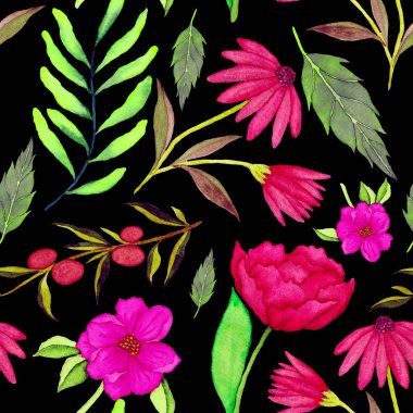 Çiçeklerle suluboya kusursuz desen. Klasik çiçek desenleri. Çiçeksiz desen. Botanik sanatı. Çiçek botanik koleksiyonu. Çiçek seti. Suluboya botanik tasarımı.