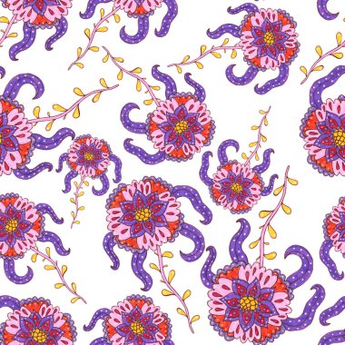 Suluboya desensiz, folky çiçekli ve yapraklı, etnik tarzda. Çiçek süsleme. Geleneksel şal deseni. Tekstil tasarım dokusu. Kabilesel etnik klasik dikişsiz model..