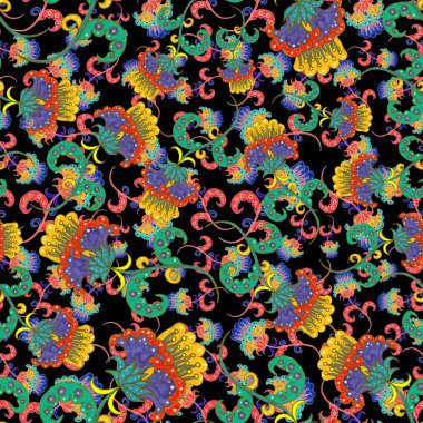 Suluboya desensiz, folky çiçekli ve yapraklı, etnik tarzda. Çiçek süsleme. Geleneksel şal deseni. Tekstil tasarım dokusu. Kabilesel etnik klasik dikişsiz model..