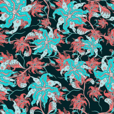 Suluboya desensiz, folky çiçekli ve yapraklı, etnik tarzda. Çiçek süsleme. Geleneksel şal deseni. Tekstil tasarım dokusu. Kabilesel etnik klasik dikişsiz model..