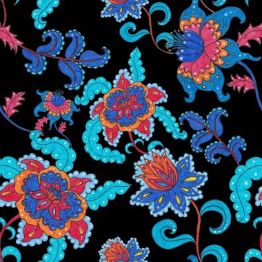 Suluboya desensiz, folky çiçekli ve yapraklı, etnik tarzda. Çiçek süsleme. Geleneksel şal deseni. Tekstil tasarım dokusu. Kabilesel etnik klasik dikişsiz model..