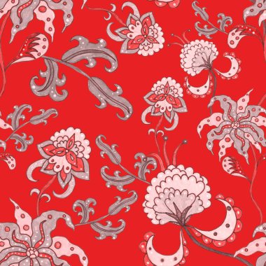 Suluboya desensiz, folky çiçekli ve yapraklı, etnik tarzda. Çiçek süsleme. Geleneksel şal deseni. Tekstil tasarım dokusu. Kabilesel etnik klasik dikişsiz model..