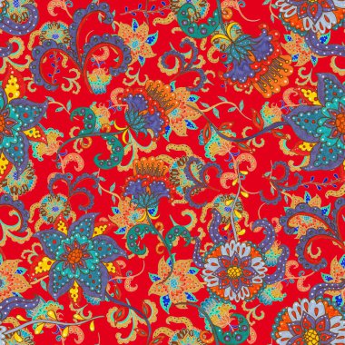 Suluboya desensiz, folky çiçekli ve yapraklı, etnik tarzda. Çiçek süsleme. Geleneksel şal deseni. Tekstil tasarım dokusu. Kabilesel etnik klasik dikişsiz model..